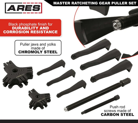 Master Ratcheting Gear Puller Set With 2 Ton And 5 Ton Units, Chrome Moly Steel Yoke Kit, showing components and black phosphate finish