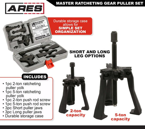 Master Ratcheting Gear Puller Set With 2 Ton And 5 Ton Units, Chrome Moly Steel Yoke Kit in open case, 2 and 5 ton units displayed
