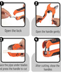 Step-by-step usage of Ratcheting PVC Pipe Cutter for 1-1/4 in Pipes with Manganese Steel Body and Rubber Handle