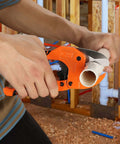 Ratcheting PVC Pipe Cutter for 1-1/4 in Pipes with Manganese Steel Body and Rubber Handle cutting a pipe