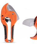 Ratcheting PVC Pipe Cutter for 1-1/4 in Pipes with Manganese Steel Body and Rubber Handle, showing blade and handle detail.