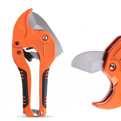 Ratcheting PVC Pipe Cutter for 1-1/4 in Pipes with Manganese Steel Body and Rubber Handle, showing blade and handle detail.