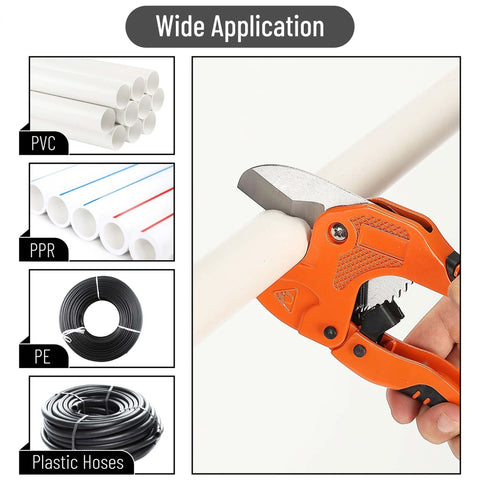 Ratcheting PVC Pipe Cutter for 1-1/4 in Pipes with Manganese Steel Body and Rubber Handle cutting plastic tubing
