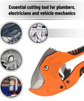 Ratcheting PVC Pipe Cutter for 1-1/4 in Pipes with Manganese Steel Body and Rubber Handle shown cutting various pipes