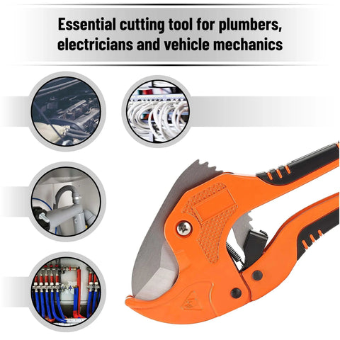 Ratcheting PVC Pipe Cutter for 1-1/4 in Pipes with Manganese Steel Body and Rubber Handle shown cutting various pipes