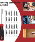 Ratcheting screwdriver with 20 bits on display, ideal for automotive and household tool set with durable heavy-duty tools for projects.
