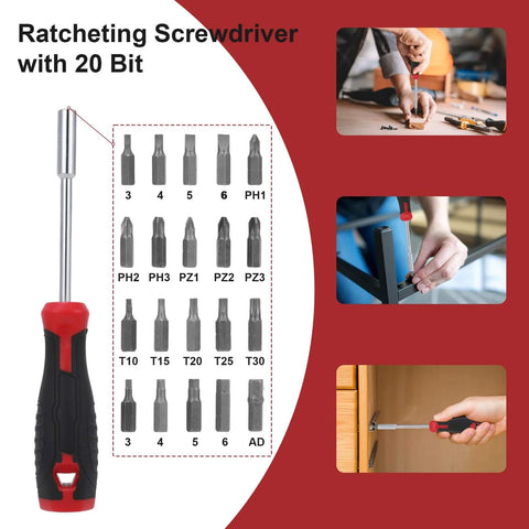 Ratcheting screwdriver with 20 bits on display, ideal for automotive and household tool set with durable heavy-duty tools for projects.