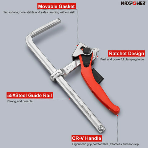 Ratcheting Table Clamp With Quick Release For MFT And Guide Rail Systems, 7 7/8 Inch Capacity, 2 3/8 Inch Throat Depth, side view