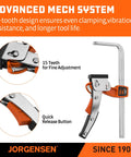 Track saw ratcheting table clamp with advanced mech system featuring 15-tooth design for fine adjustment and quick release button.