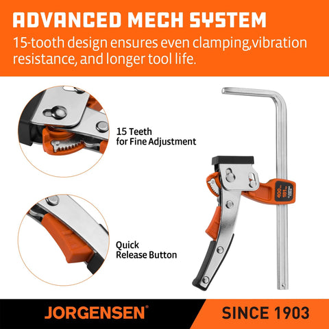 Track saw ratcheting table clamp with advanced mech system featuring 15-tooth design for fine adjustment and quick release button.