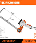 track saw ratcheting table clamp with specifications displayed