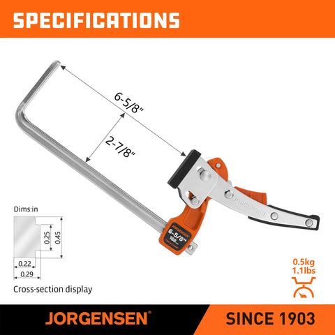 track saw ratcheting table clamp with specifications displayed
