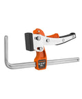 Six and five eighths inch track saw ratcheting table clamp with quick release, dual purpose workhorse clamp for F clamp or track clamp.