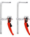 Ratcheting Table Clamp With Quick Release For MFT And Guide Rail Systems, 7 7/8 Inch Capacity, 2 3/8 Inch Throat Depth, Rock Solid 530 Lbs Clamping Force, Heavy Duty Bar Clamp For Woodworking And Home Repairs, 2 Pack, front view of two metal clamps with red handles.