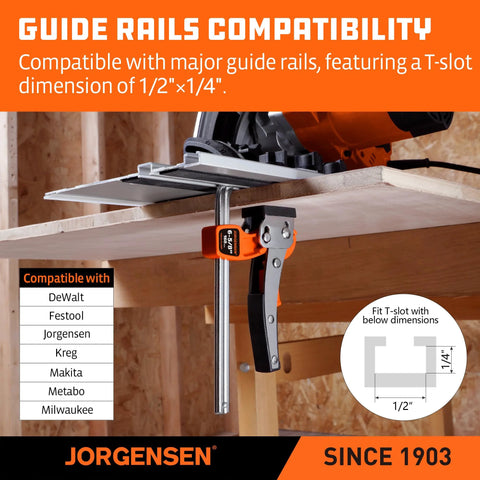 track saw ratcheting table clamp with guide rail compatibility for woodworking, fits T-slot 1/2" x 1/4" dimensions, versatile tool