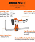Jorgensen track saw ratcheting table clamp with quick release and high clamp force, compatible with MFT guide rails, for woodworking projects.