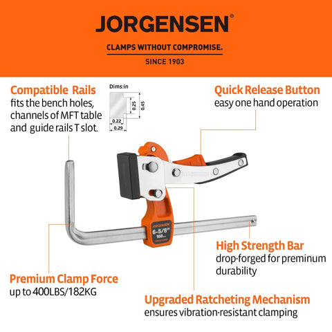 Jorgensen track saw ratcheting table clamp with quick release and high clamp force, compatible with MFT guide rails, for woodworking projects.