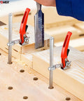 Ratcheting Table Clamp With Quick Release For MFT And Guide Rail Systems, 7 7/8 Inch Capacity, wood clamped in workshop