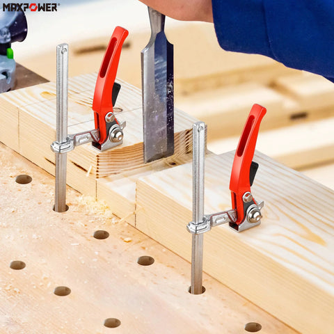 Ratcheting Table Clamp With Quick Release For MFT And Guide Rail Systems, 7 7/8 Inch Capacity, wood clamped in workshop