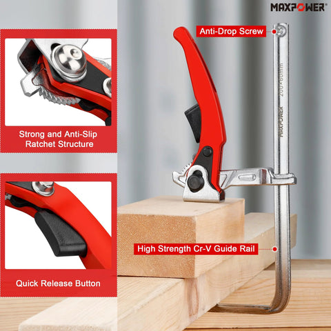 Ratcheting Table Clamp With Quick Release For MFT And Guide Rail Systems, 7 7/8 Inch Capacity, side view on workpieces