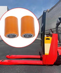 2 Pack Load Wheel Kit Compatible with Raymond Model 8210 Electric Pallet Jack shown beside pallet truck