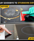 Razor Blade Scraper Kit With Ten Four Inch Replaceable Blades cleaning stovetop before and after, showing effectiveness.