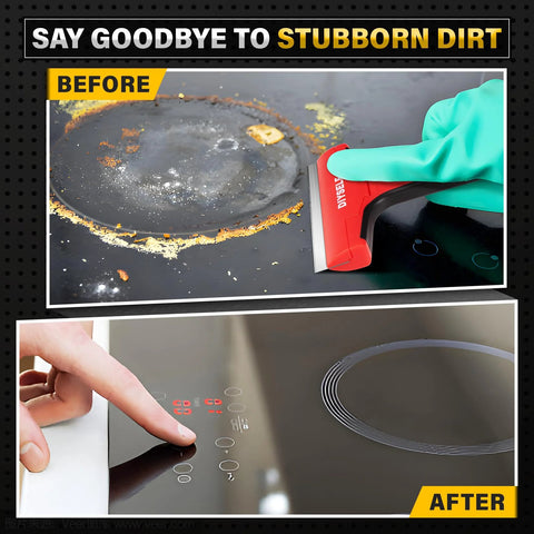 Razor Blade Scraper Kit With Ten Four Inch Replaceable Blades cleaning stovetop before and after, showing effectiveness.