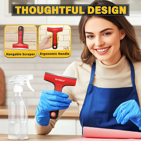 Woman holding Razor Blade Scraper Kit With Ten Four Inch Replaceable Blades, Portable Storage Box, And One Scraper Tool