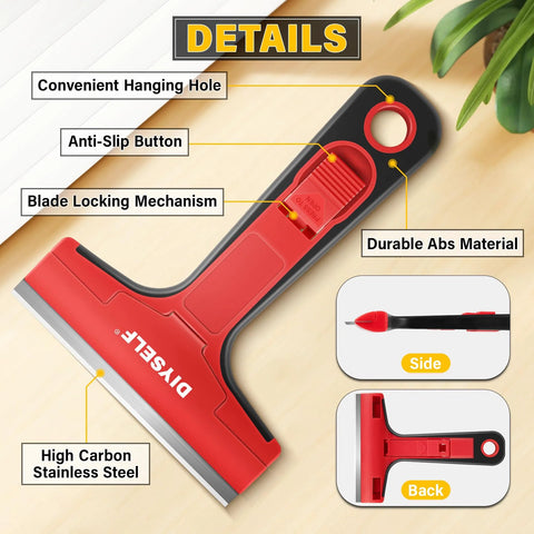 Razor Blade Scraper Kit With Ten Four Inch Replaceable Blades, Portable Storage Box, And One Scraper Tool for cleaning surfaces.