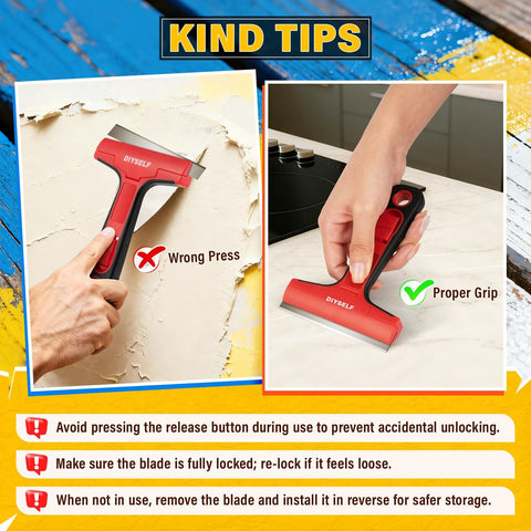 Razor Blade Scraper Kit, showing red scraper tool for glass windows with tips for proper grip and safety usage illustrated.
