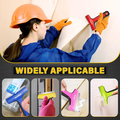 Person using Razor Blade Scraper Kit with Ten Four Inch Replaceable Blades for wallpaper removal and surface cleaning in various colors.