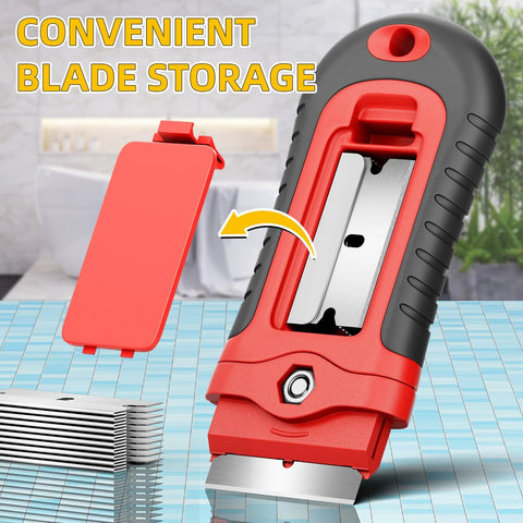 Razor Blade Scraper With 15 Extra SK5 Blades And Built In Blade Storage Non Retractable Rubber Handle Cleaner For Glass Windows Stovetops Ovens Cooktops And Paint Removal Durable Plastic Scraper Tool For Fast Stubborn Residue.