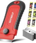 Razor Blade Scraper With 15 Extra SK5 Blades And Built In Blade Storage Non Retractable Rubber Handle Cleaner For Glass Windows Stovetops Ovens Cooktops And Paint Removal Durable Plastic Scraper Tool For Fast Stubborn Residue with red and black design and extra blades shown