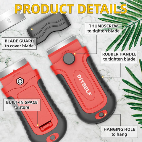 Close-up of Razor Blade Scraper With 15 Extra SK5 Blades And Built In Blade Storage Non Retractable Rubber Handle Cleaner