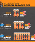 Image showing Rexbeti scraper sets in 2, 4, and 8 packs with replacement blades. Razor Blade Scraper Tool Set 2 Pack With 80 Replacement Blades Metal And Plastic For Glass Cooktop Paint Removal And Heavy Duty Scraping 3 Position Retractable Blade Design For Home Improvement Projects.