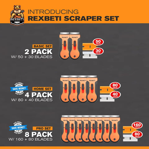 Image showing Rexbeti scraper sets in 2, 4, and 8 packs with replacement blades. Razor Blade Scraper Tool Set 2 Pack With 80 Replacement Blades Metal And Plastic For Glass Cooktop Paint Removal And Heavy Duty Scraping 3 Position Retractable Blade Design For Home Improvement Projects.