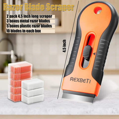 Razor Blade Scraper Tool Set 2 Pack With 80 Replacement Blades Metal And Plastic For Glass Cooktop Paint Removal