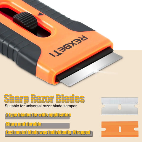 Razor Blade Scraper Tool Set 2 Pack With 80 Replacement Blades Metal And Plastic showing sharp blade edge and handle