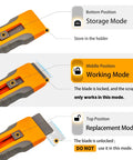 Diagram showing three positions of Razor Blade Scraper Tool With 15 Extra Blades For Glass Cleaning And Paint Removal On Glass Surfaces.