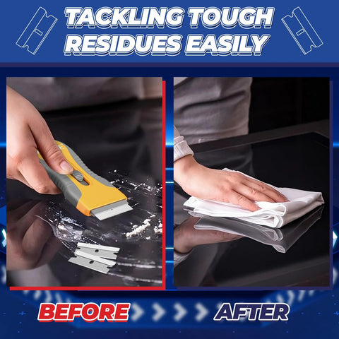Single Edge Razor Blades Set With 100 High Carbon Steel Blades For Razor Scraper And Utility Knife Heavy Duty shown in use on glass surface.