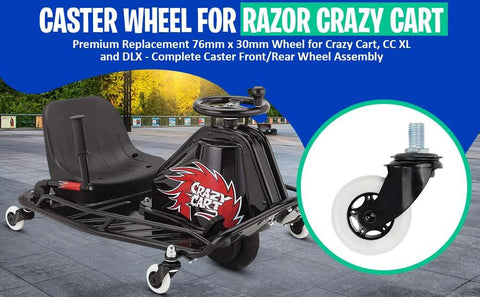 Premium Replacement Caster Wheel 76mm By 30mm For Razor Crazy Cart CC XL And DLX Complete Front And Rear Wheel Assembly Heavy Duty