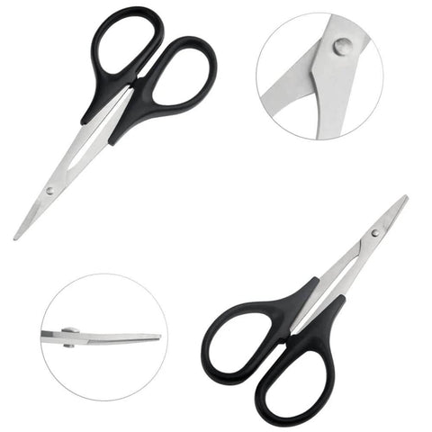 3 Pack RC Body Reamer Hole Puncher Kit With Curved And Straight Scissors For RC Car Body Mounting And Wide Body Kits 0-14mm Hole Punching And Trimming With Heavy-Duty Titanium Plated Steel Reamers And Non Slip Grip Handles Round Shell Blue XINMEIWEN showing detailed view of scissors angles with black handles