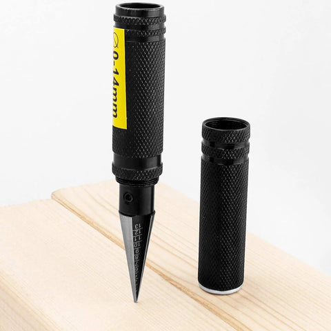 RC Car Hole Opener Reamer Kit 2 Pack 0 to 14mm Expanding Drill Tool with bevel design and laser marked scale on wooden surface