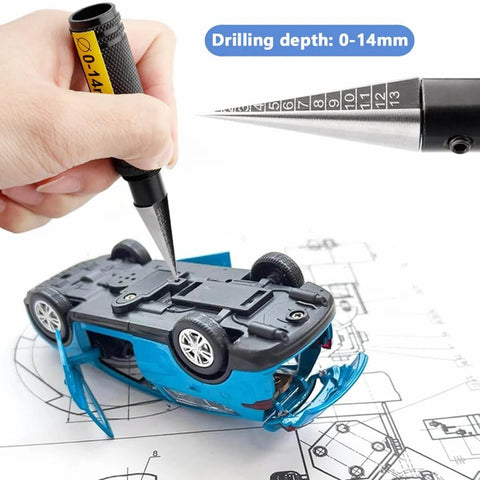 Person using RC Car Hole Opener Reamer Kit 2 Pack 0 to 14mm Expanding Drill Tool With Bevel Design on RC car model.