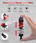 Close-up of red and black front shock absorber for 1/8 scale RC cars, featuring adjustable dampers for off-road vehicles.