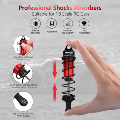 Close-up of red and black front shock absorber for 1/8 scale RC cars, featuring adjustable dampers for off-road vehicles.
