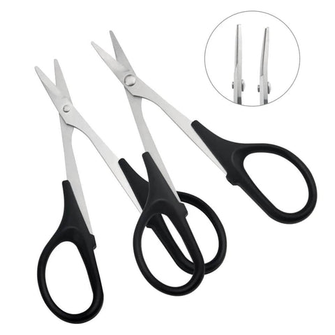 Pair of curved and straight scissors from 3 Pack RC Body Reamer Hole Puncher Kit With Curved And Straight Scissors For RC Car Body Mounting And Wide Body Kits 0-14mm Hole Punching And Trimming With Heavy-Duty Titanium Plated Steel Reamers And Non Slip Grip Handles Round Shell Blue XINMEIWEN