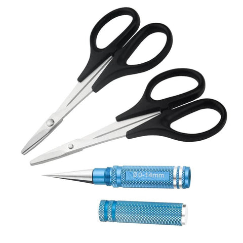 3 Pack RC Body Reamer Hole Puncher Kit With Curved And Straight Scissors For RC Car Body Mounting And Wide Body Kits 0-14mm Hole Punching And Trimming With Heavy-Duty Titanium Plated Steel Reamers And Non Slip Grip Handles Round Shell Blue XINMEIWEN