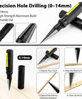 0 To 14mm RC Body Reamer Tool With Precision Scale Eyech 2 Pack Pro Grade Built Tough High Strength Aluminum Expanding Hole Puncher For RC Car Shells Plastic Sheets Aircraft Models And DIY Projects Black featuring close-up views of reamer and drill process
