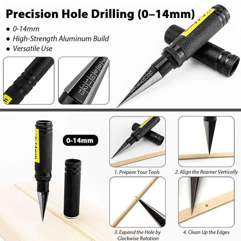 0 To 14mm RC Body Reamer Tool With Precision Scale Eyech 2 Pack Pro Grade Built Tough High Strength Aluminum Expanding Hole Puncher For RC Car Shells Plastic Sheets Aircraft Models And DIY Projects Black featuring close-up views of reamer and drill process